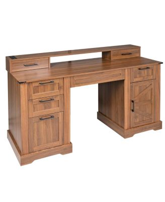  59" Farmhouse Office Desk with Charging Station & Storage Cabinet, Barn Door Design