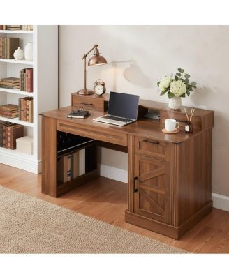 55" Farmhouse Office Desk with Storage, Barn Door Design, Keyboard Tray, Monitor Stand