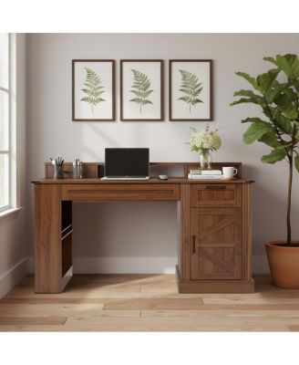 55" Farmhouse Office Desk with Storage, Barn Door Design, Keyboard Tray, Monitor Stand