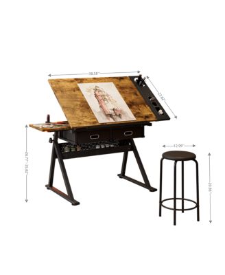 Adjustable Drawing Drafting Table Desk with 2 Drawers & Stool