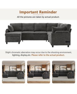 Beige/Grey 110 Inch U shaped Sectional Sofa Bed with Storage Cup Holders Charging Ports
