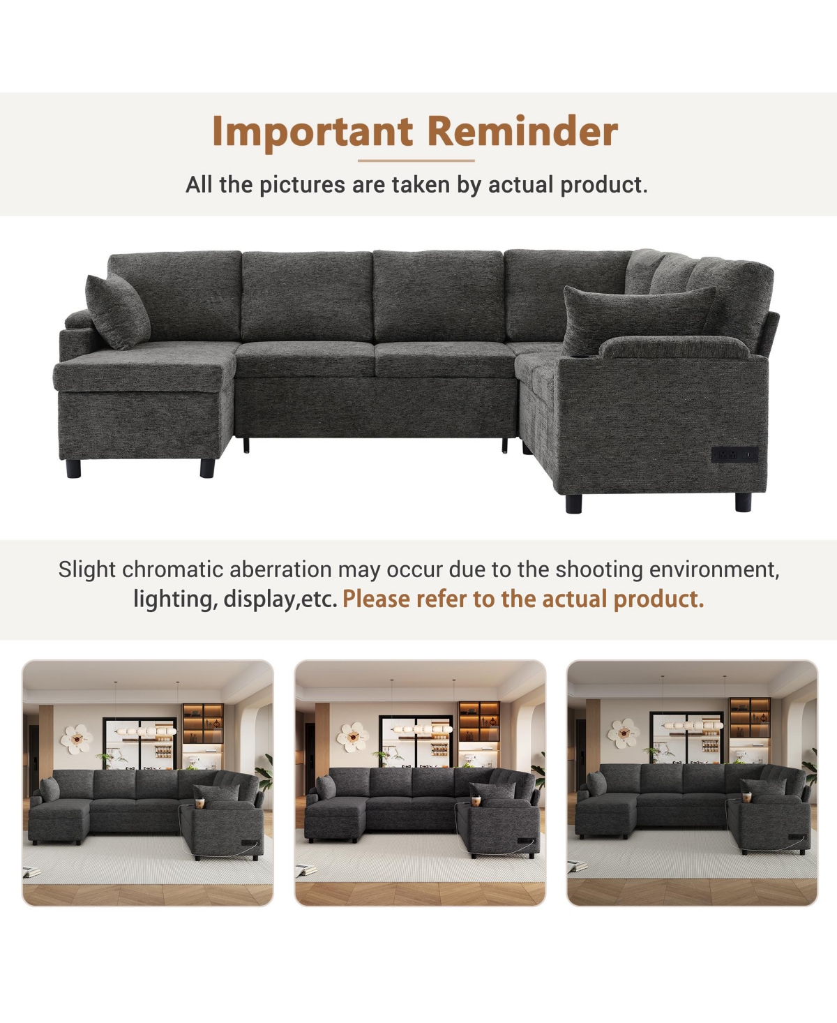 Lovmor Beige/Grey 110 Inch U shaped Sectional Sofa Bed with Storage Cup Holders Charging Ports