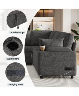 Beige/Grey 110 Inch U shaped Sectional Sofa Bed with Storage Cup Holders Charging Ports