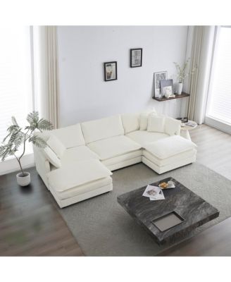 White 5 Seat U shaped Sectional Sofa with Reversible Footrest 2 Ottomans