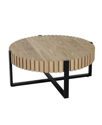 Round Handcraft Drum Coffee Table with Gear Design & Cross Metal Base, 31.5" Modern Compact Table