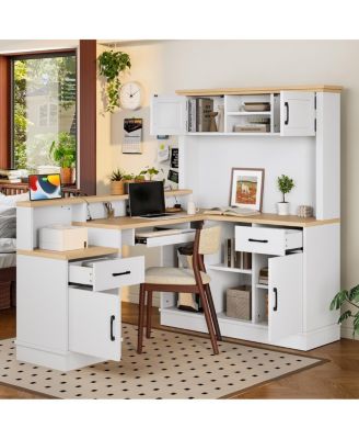 L-Shaped Computer Desk with Outlet, Drawers, Bookshelf, White