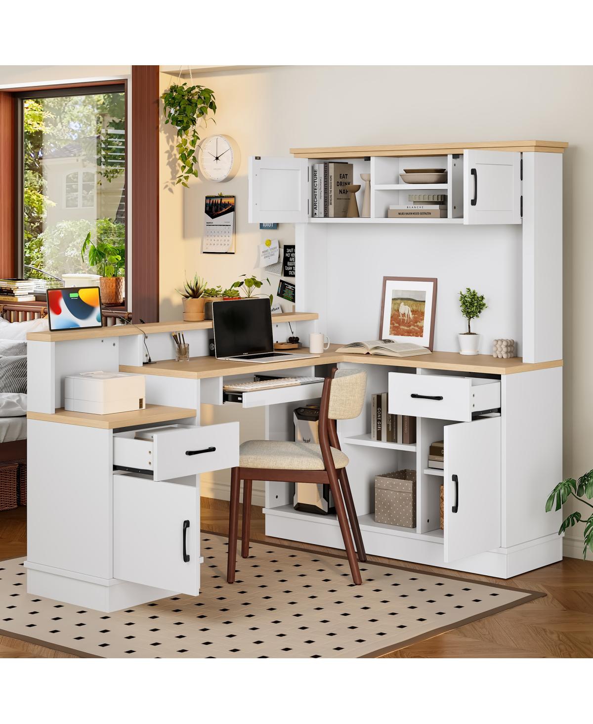 Streamdale Furniture L-Shaped Computer Desk with Outlet, Drawers, Bookshelf, White