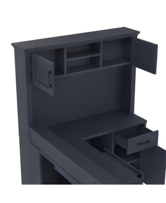 L-Shaped Computer Desk with Outlet, Drawers, Bookshelf, Blue