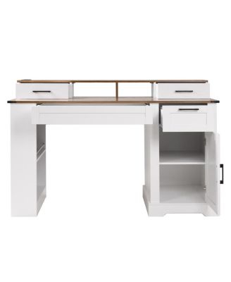 55" Farmhouse Office Desk with Storage, Barn Door Design, Keyboard Tray, Monitor Stand, White