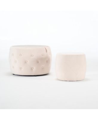 Luxurious Velvet Nesting Ottomans (Set of 2) - 4-in-1 Storage, Wood Tray, Beige