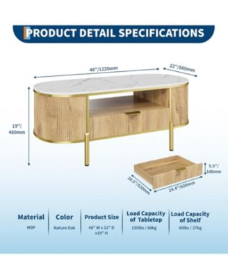48" Oval Coffee Table with Fluted Design & Faux Marble Top, Modern Center Table with Drawers