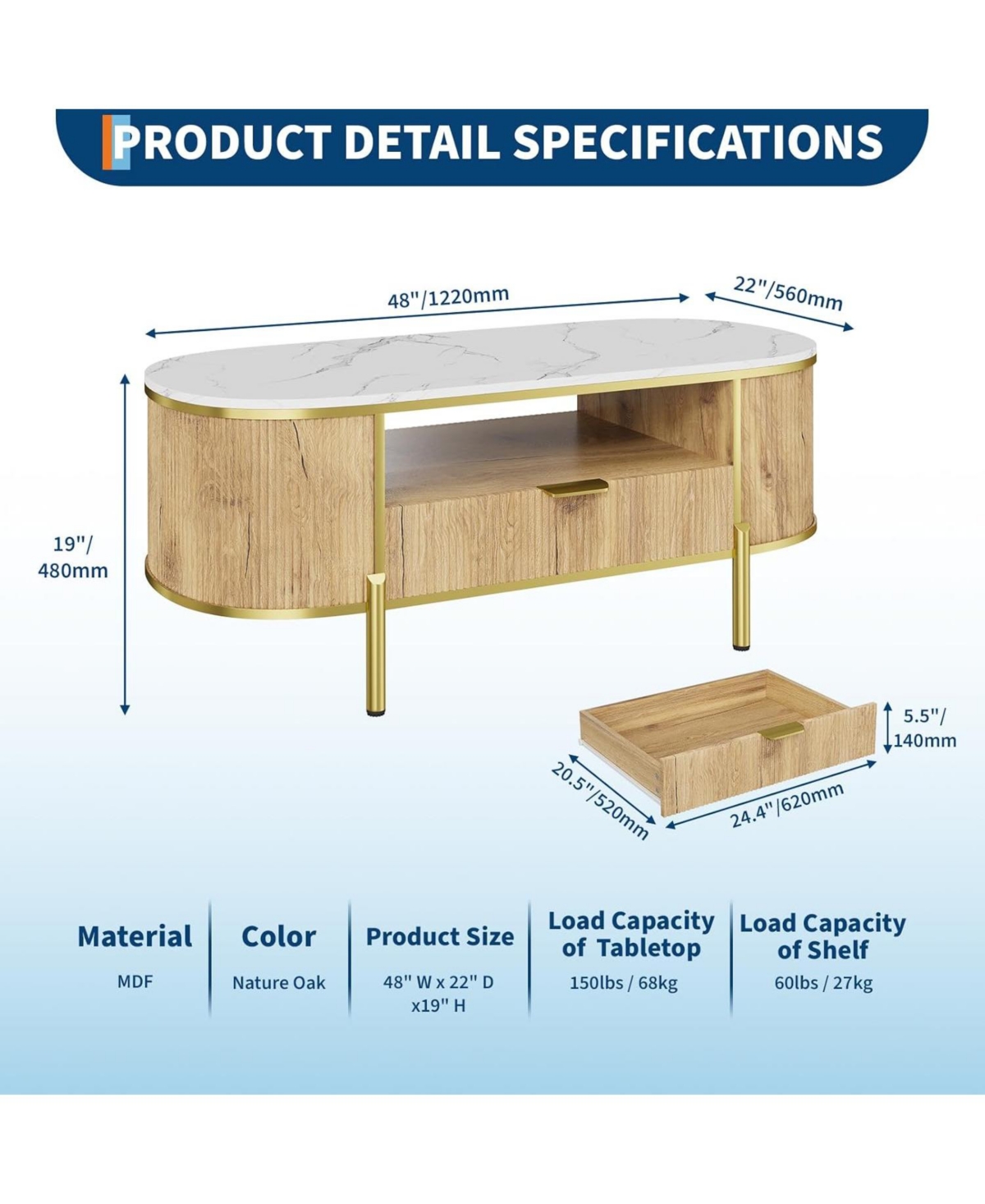 gaomon 48" Oval Coffee Table with Fluted Design & Faux Marble Top