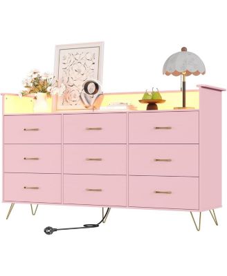 9-Drawer Tall Dresser with RGB Lights & Charging Station, App-Controlled LED Wooden Storage Chest, Pink