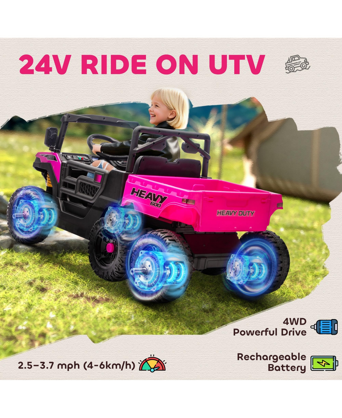 Qaba 24V 4WD Kids Ride On Car with 6 Wheels and Dump Bed,