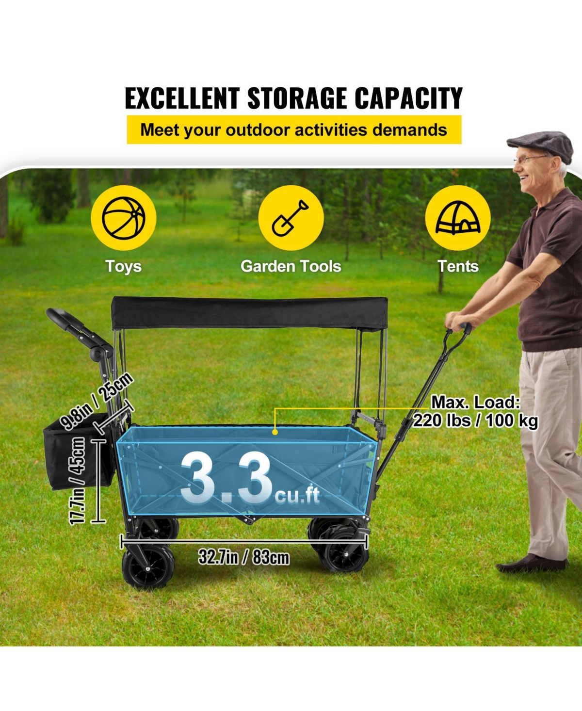 Mecale Extra Large Collapsible Garden Cart with Removable Canopy, Folding Wagon with Wheels and Rear Storage