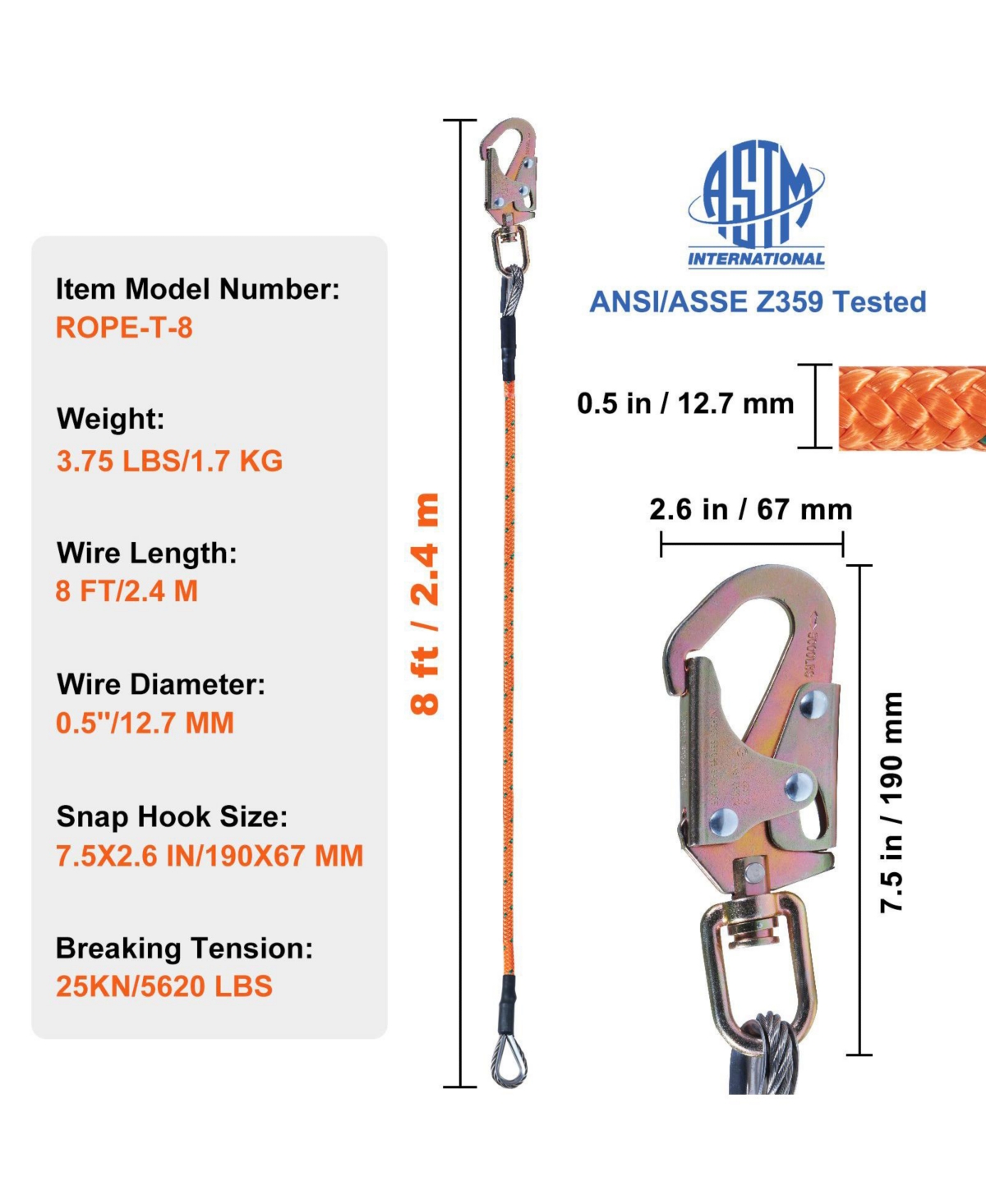 Mecale 1/2" x 8' Steel Core Arborist Flipline, Tree Climbing Flip Line with Alloy Steel Snap Hook, Aluminum Carabiner, Tool Lanyard