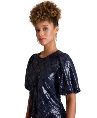 Women's Jewel Neck Bubble Sleeve Top