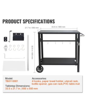 Outdoor Grill Dining Cart, Double Shelf, Iron Top, 2 Wheels, Carry Handle, Food Prep Table