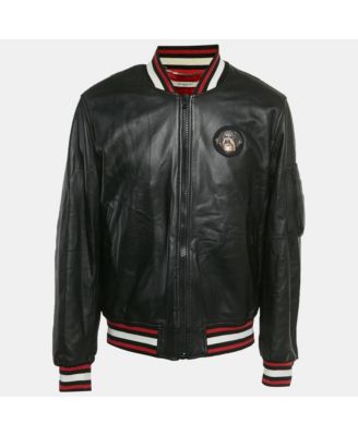 Men's Black Leather Rottweiler Patch Bomber Jacket