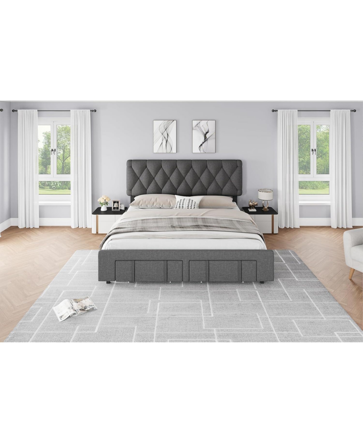gaomon Upholstered Platform Bed Frame with Diamond Button Tufted Headboard – 2 Spacious Storage Drawers Bedroom