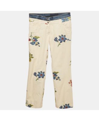 Women's Cream Floral Cross Stitch Printed Cotton Pants