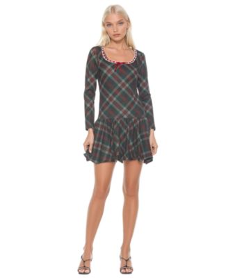 Women's Rach Plaid Scoop Neck Lace Insert Detail With Bow Dress