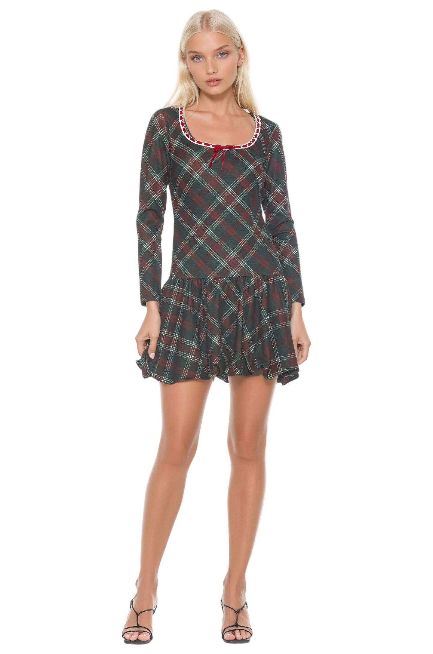 Женское платье Alexia Admor Rach Plaid Scoop Neck Lace Insert Detail With Bow, цвет: Зелёный клетчатый — фото 1
