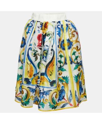 Women's Yellow/blue Majolica Print Silk Gathered Short Skirt