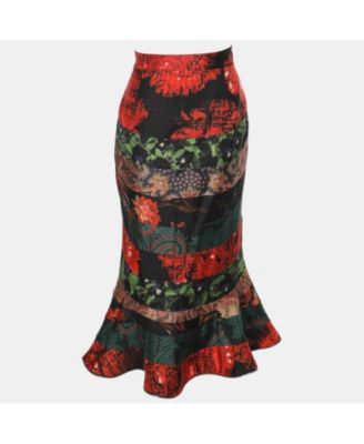 Women's Multicolor Silk Floral Print Zip Trim Skirt
