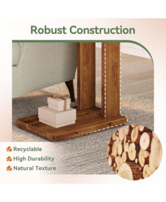 Solid Wood C-Shaped End Table, Wooden Side Table for Sofa, 2-Tier Bedside Nightstand for Living Room, Bedroom