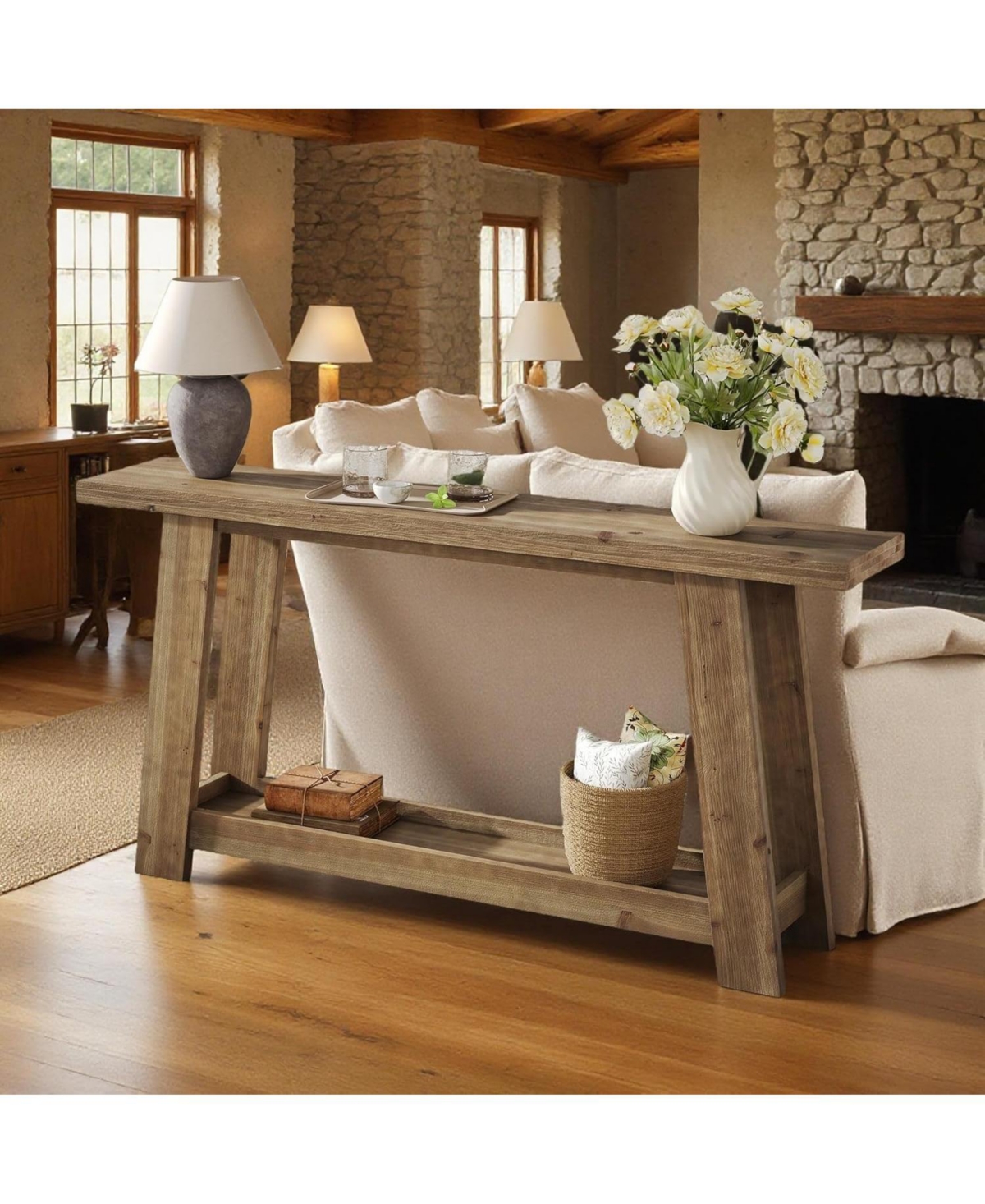 Tribesigns 63-Inch Solid Wood Console Table, Farmhouse Entryway Table with 2-Tier Shelf, Narrow Sofa Table Behind Couch