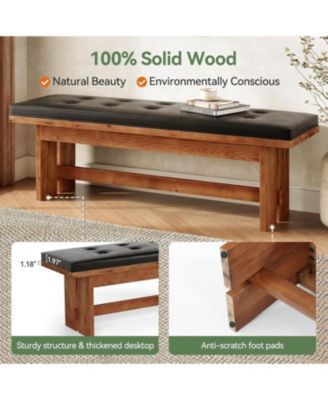 Solid Wood Bench with Cushion, 55" Upholstered Entryway Bench, Button-Tufted Shoe Bench Seat