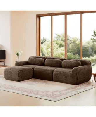  L-shaped Chocolate Plush Sofa with Pillows, High-Density Sponge, No Assembly