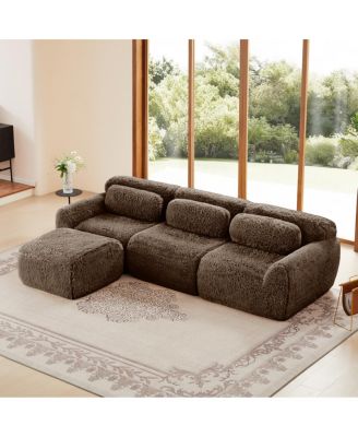 L-shaped Chocolate Plush Sofa with Pillows, High-Density Sponge, No Assembly