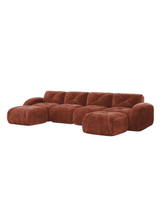 U-Shaped Boneless Sofa, Tufted, 32D Sponge, Anti-Slip, Red Brown