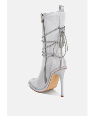 Womens Dacia Rhinestones Strap Satin Calf Boots