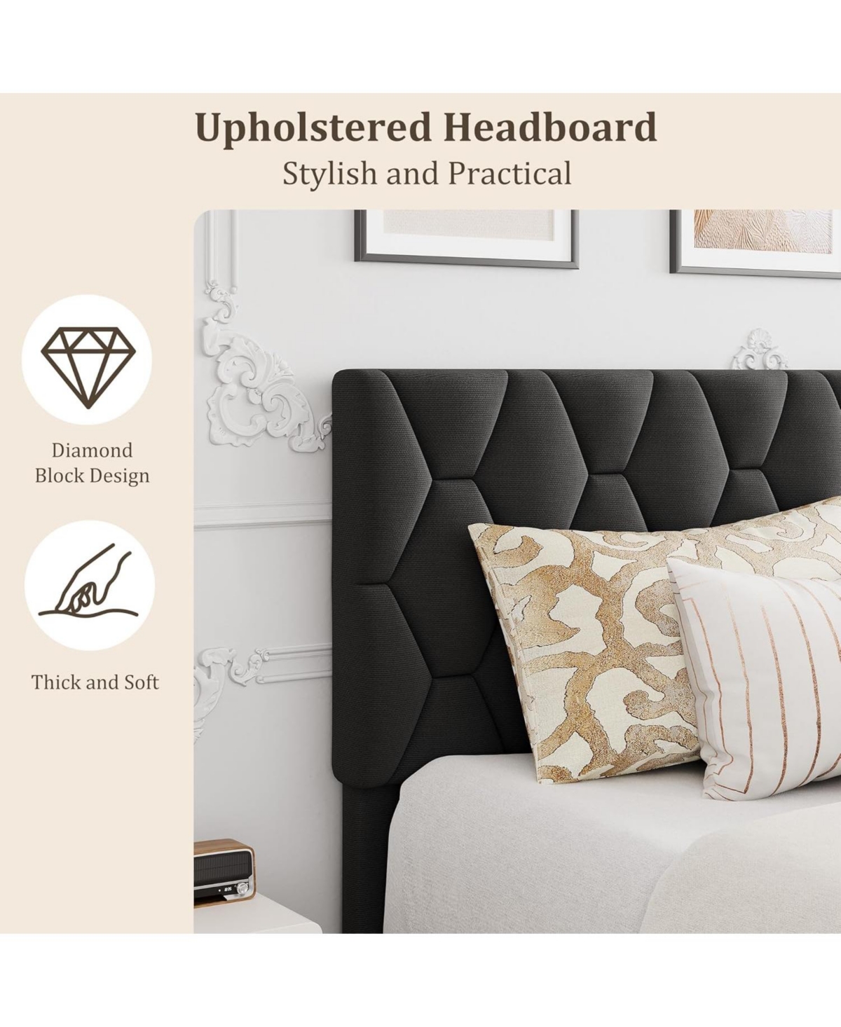 gaomon Queen Upholstered Bed Frame with Headboard and Wood Slats