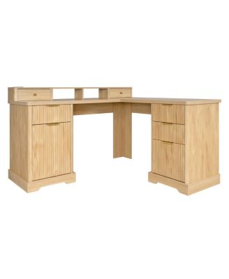  59" Modern Fluted L-Shaped Desk with Charging Station & Storage Cabinet - Oak