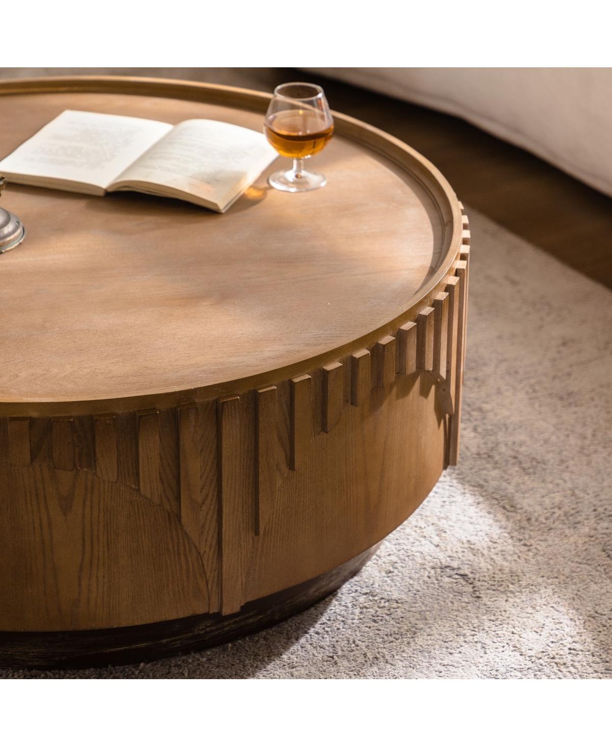 Streamdale Furniture Modern Round Coffee Table - Solid Wood & Mdf Moon-Cut Fluted Center Table