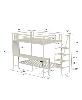  White full size bunk bed with twin size, LED light and charging socket
