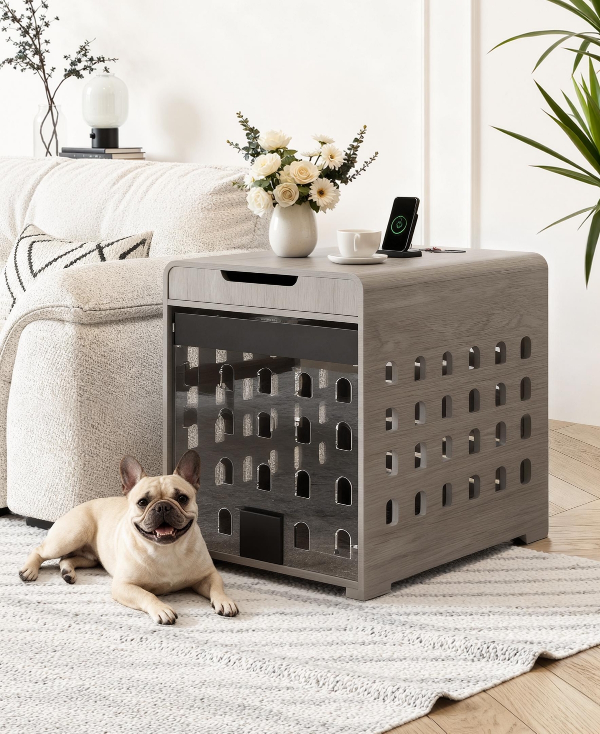 Sugift Dog Crate End Table with Charging Station, Furniture Style Pet Crate Nightstand for Dogs