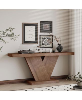 Modern X-Leg Console Table with Solid Wood Veneer, Walnut