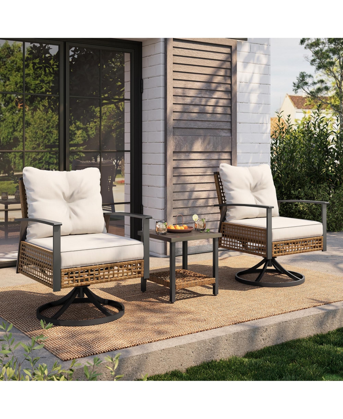 Decksplore 3 piece set of rotating rocking chair with flowers and rattan beige Bohemian Patio