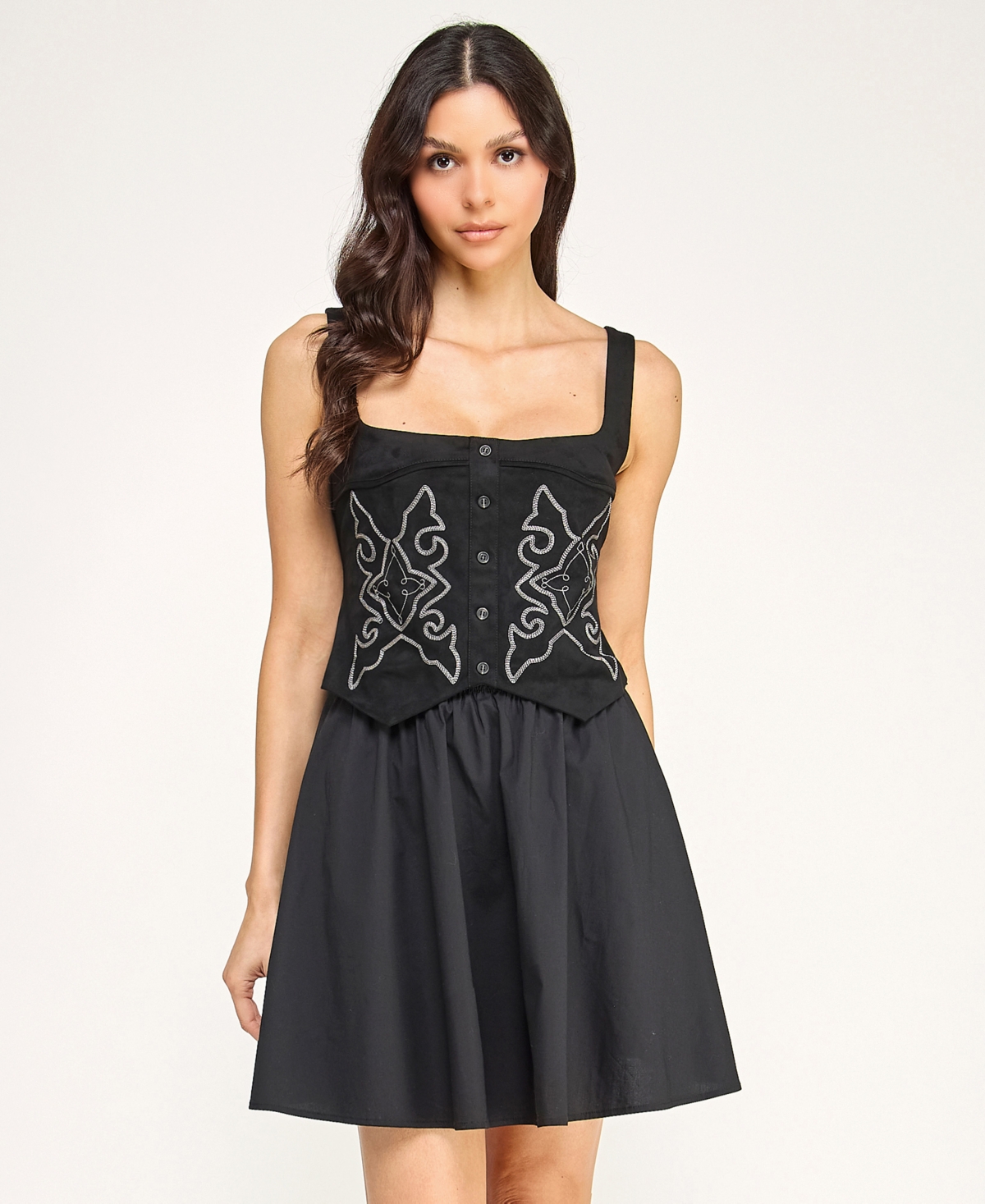 Seni & Cade Juniors' Square Neck Embroidered Vest Lace Up Back With Short Skirt