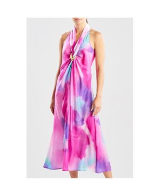 Women's Watercolor - Sheer Texture Halter Maxi Dress w/ Hammered Brass Ring