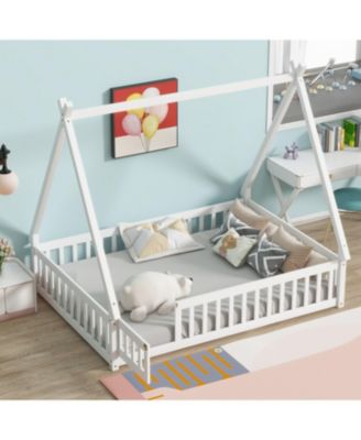 Full Size Rubber Wood Tent-shaped Floor Bed,with Guardrails,Slats and Door