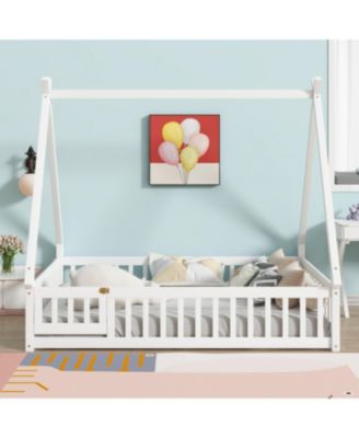 Full Size Rubber Wood Tent-shaped Floor Bed,with Guardrails,Slats and Door