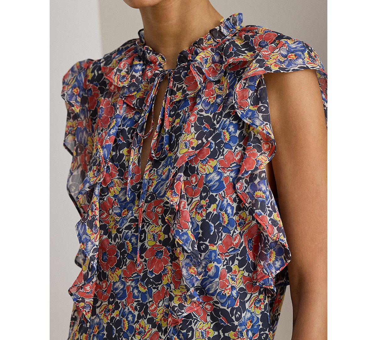 Lauren Ralph Petite Floral Ruffle-Trim Georgette Short Dress