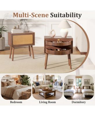 Rotating Hidden Compartment Nightstands, Mid Century Rattan Bedside Table with Flip Drawer and Wood Legs for Living Room, Bedroom