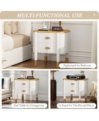 2 Drawers Nightstand with Curved Profile Design, Bedside Table with Metal Feather-Shaped Handles, End Table for Living Room and Bedroom